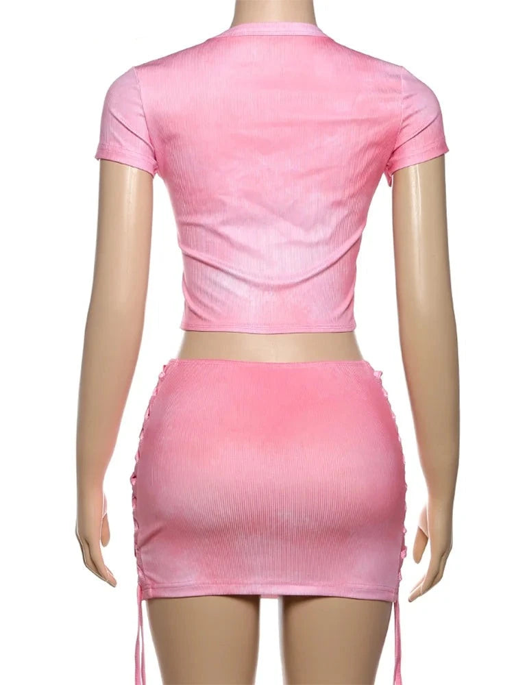 Pink Lace Up Skirt Set